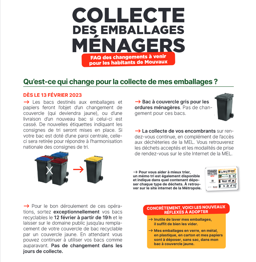 Le tri évolue : les bacs (poubelles) pour les emballages ménagers et les papiers seront désormais équipés d’un couvercle jaune.