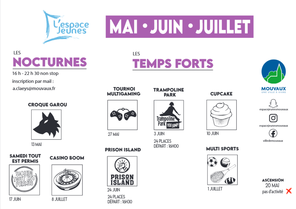 Planning des activités à l'espace jeunes pour les mois de mai, juin et juillet 2023