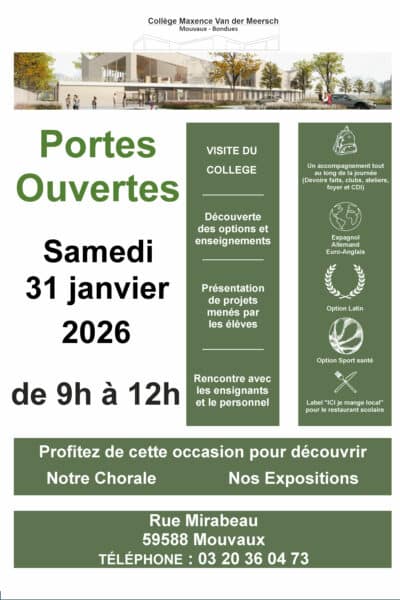 Portes ouvertes du collège Maxence Van der Meersch, samedi 31 janvier 2026 de 9h à 12h, rue Mirabeau à Mouvaux