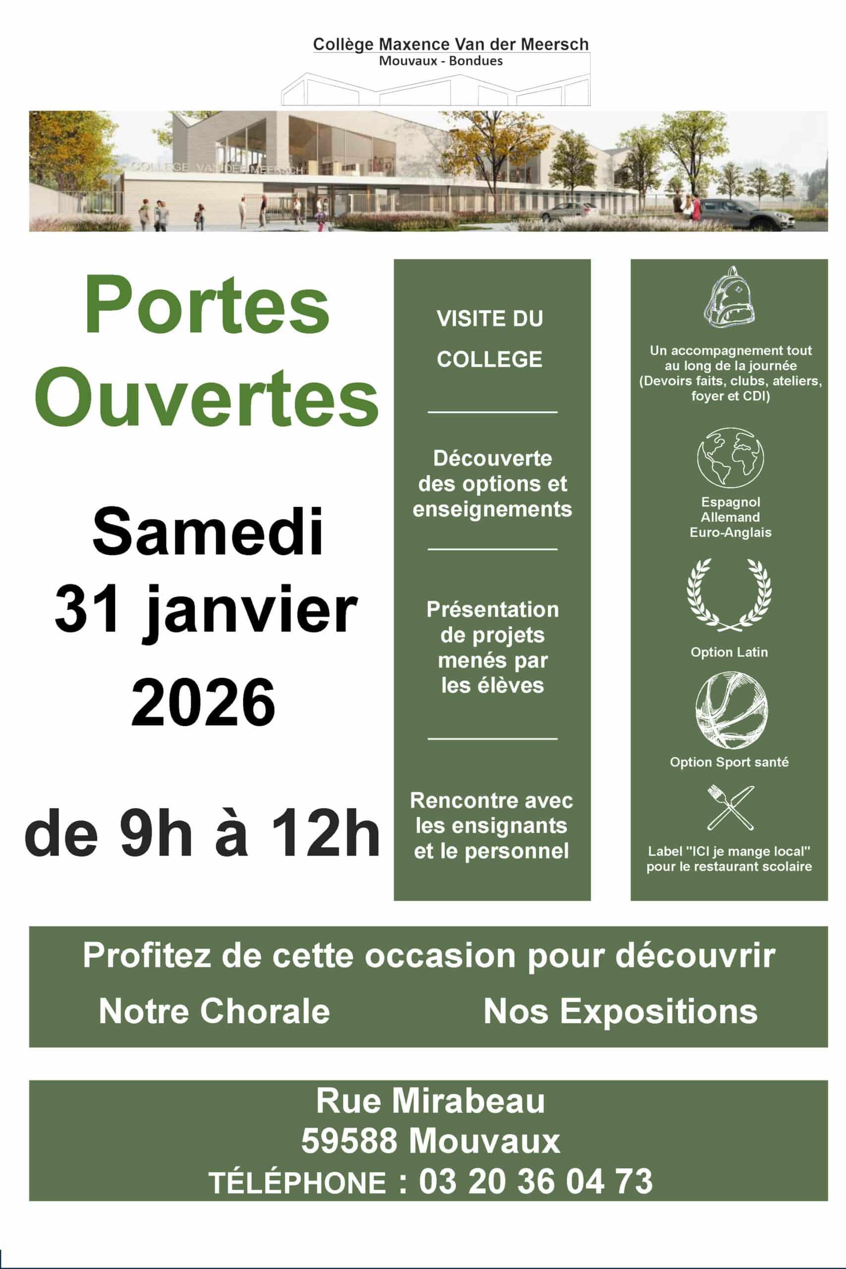 Portes ouvertes du collège Maxence Van der Meersch, samedi 31 janvier 2026 de 9h à 12h, rue Mirabeau à Mouvaux