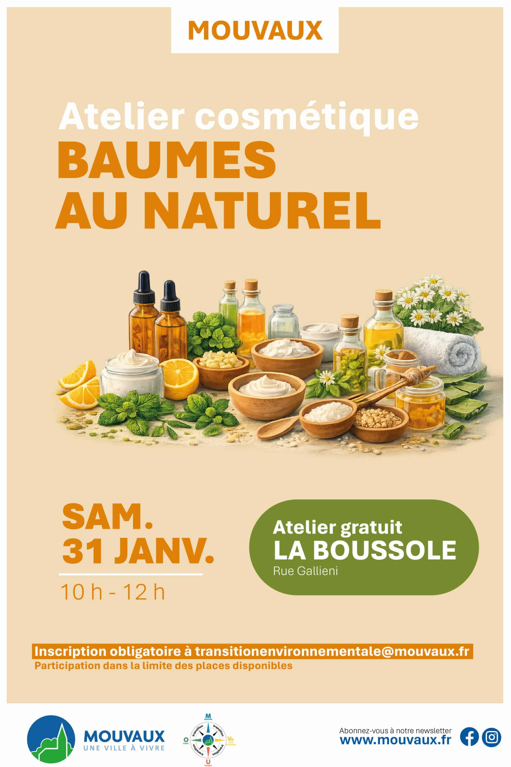 Atelier cosmétique, samedi 31 janvier 2026 de 10h à 12h à la Boussole, rue gallieni