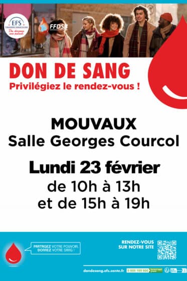 Don du sang : lundi 23/02 – 10H / 19H