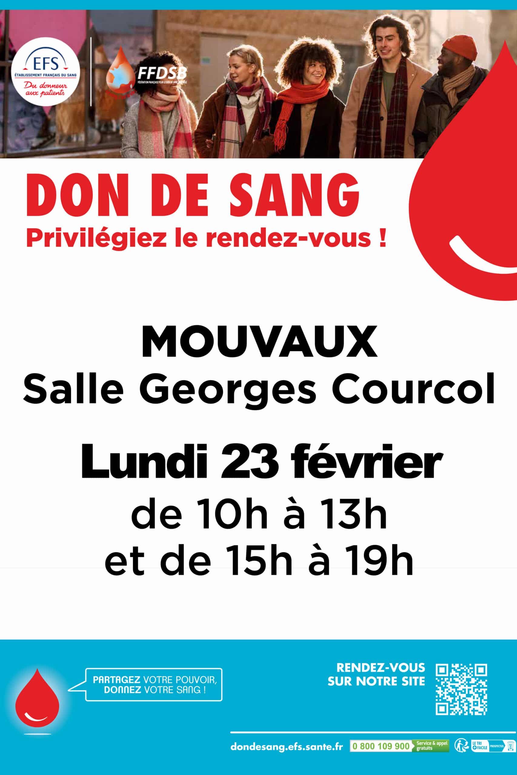 Don du sang, lundi 23 février 2026 salle Courcol, rue gallieni