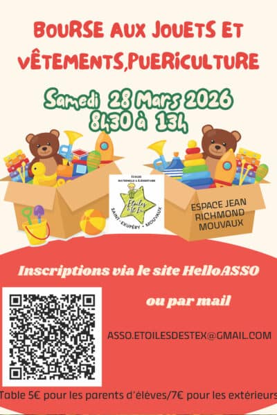 Bourse aux jouets 2026, samedi 28 mars de 8h30 à 13h, espace Jean Richmond
