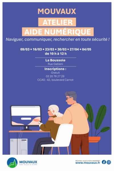 Atelier aide numérique : chaque lundi du 9 mars au 4 mai 2026 à La Boussole, rue Gallieni à Mouvaux