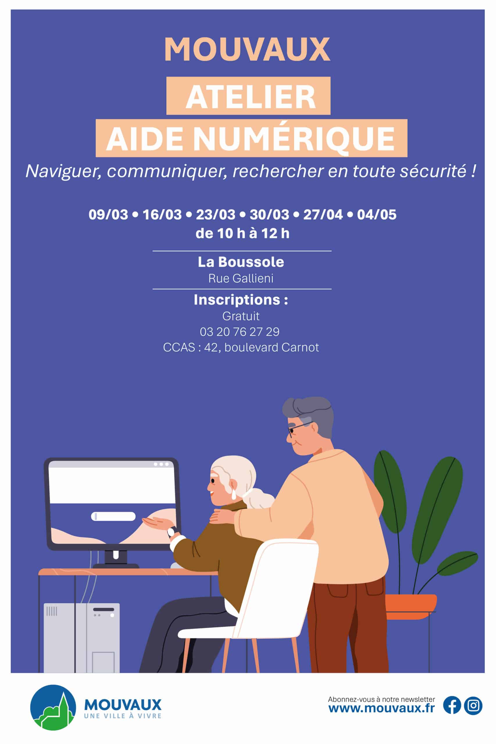 Atelier aide numérique : chaque lundi du 9 mars au 4 mai 2026 à La Boussole, rue Gallieni à Mouvaux
