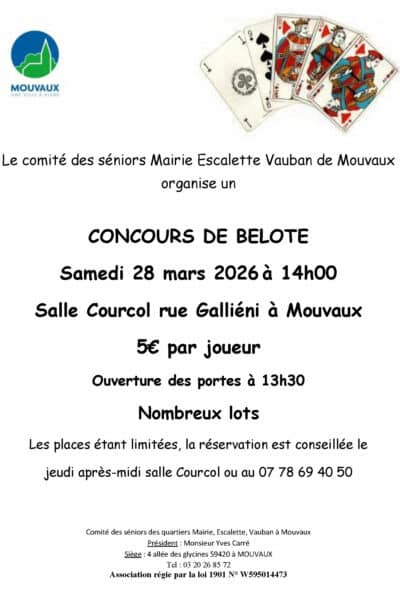 Concours de belote, samedi 28 mars 2026 à 14h, salle Courcol, rue Gallieni à Mouvaux