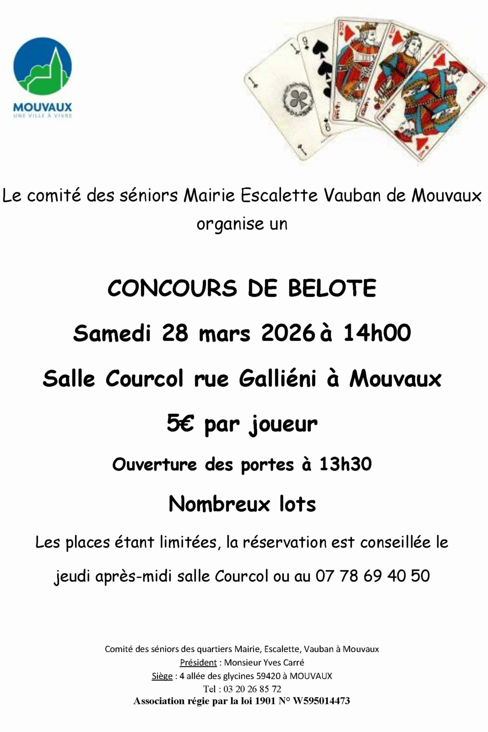 Concours de belote, samedi 28 mars 2026 à 14h, salle Courcol, rue Gallieni à Mouvaux
