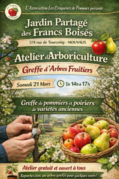 Atelier d'arboriculture, samedi 21 mars 2026 de 14h à 17h, jardin partagé des Francs Boisés