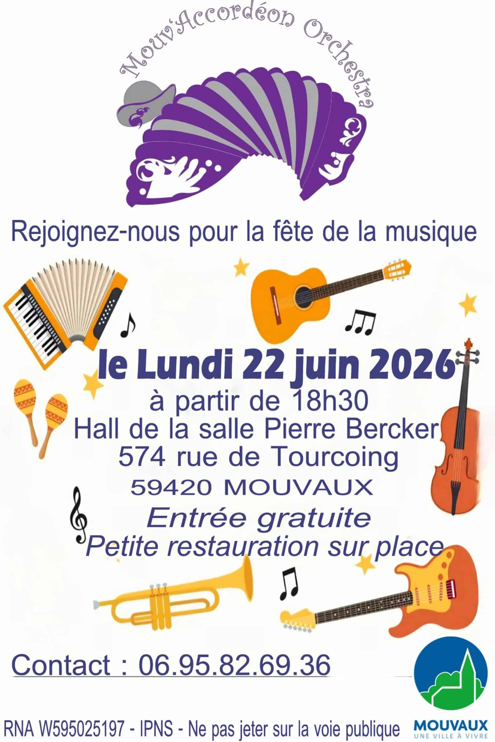 Le Mouv'Accordeon orchestra fête la musique le lundi 22 juin 2026 dans le hall de la salle Bercker, rue de Tourcoing