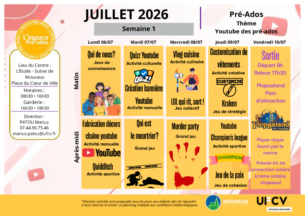 Centre pré-ados, semaine du 6 au 10 juillet 2026