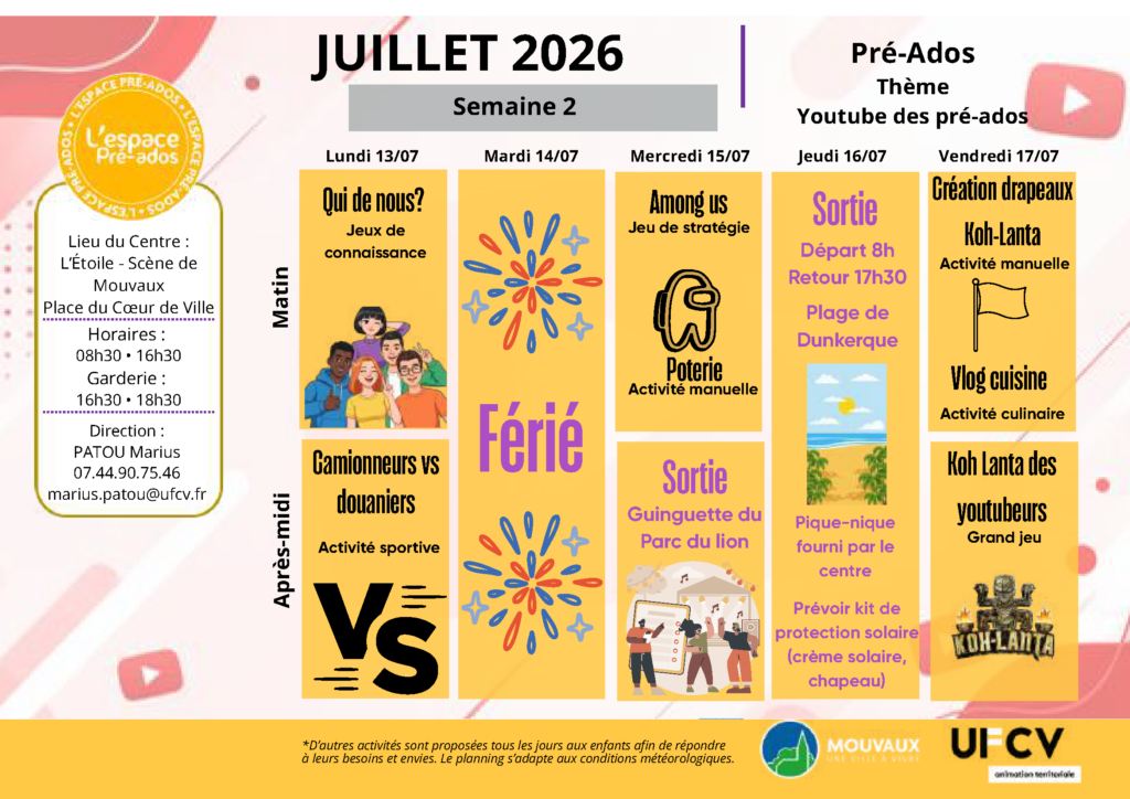 Centre pré-ados, semaine du 13 au 17 juillet 2026