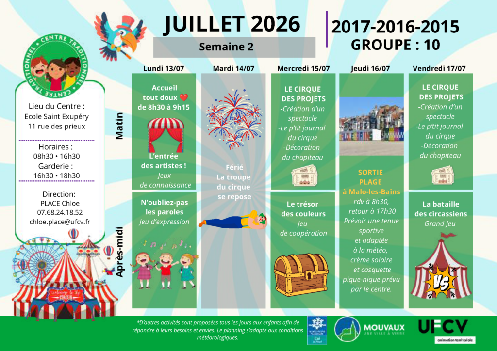 Accueils de loisirs - été 2026 planning activités du 13 au 17 juillet